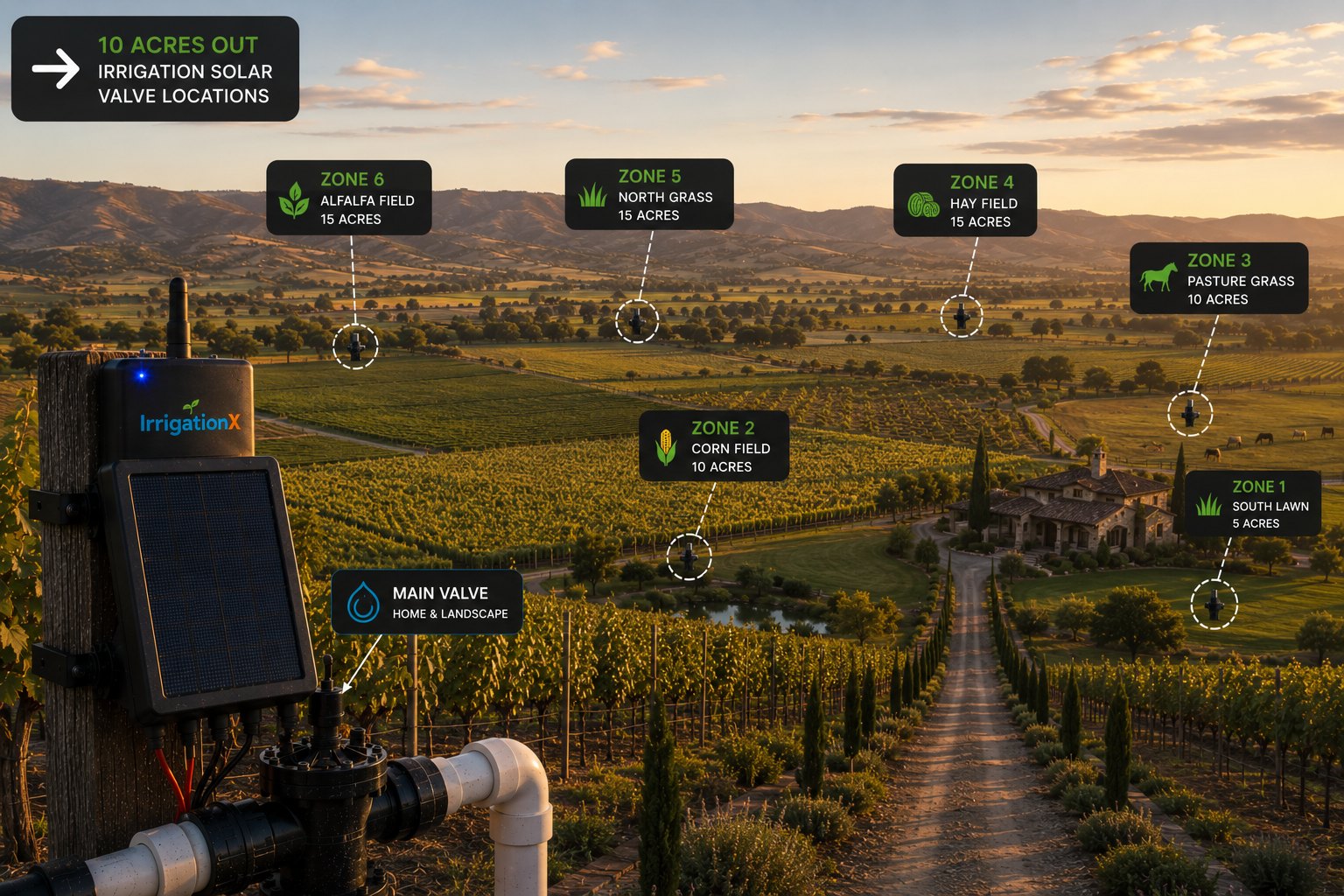 IrrigationX solar hub overlooking a farm with wireless valve zones across the fields