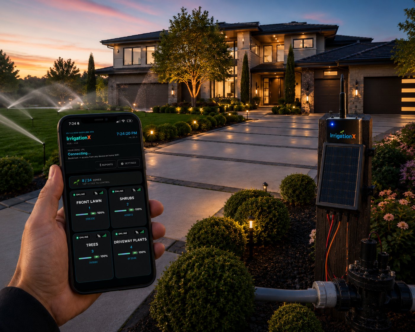 IrrigationX app controlling a home's irrigation zones at dusk